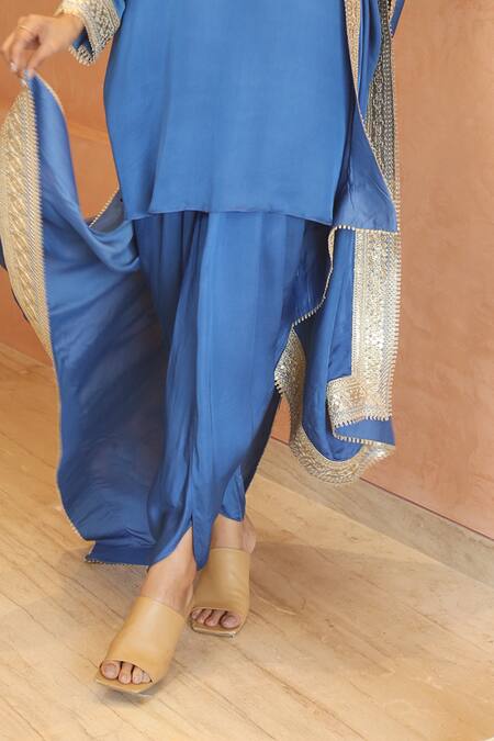 Buy_Izzumi Mehta_Blue Modal, Silk Zari, Cut Work, Beads, Zardosi Kurta And Dhoti Pant Set _Online_at_Aza_Fashions