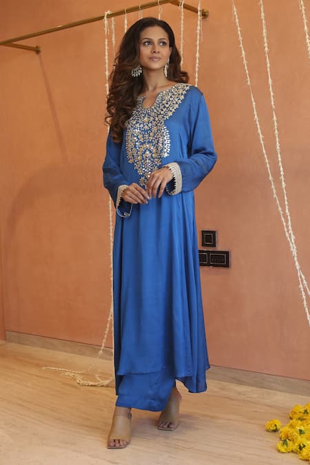Izzumi Mehta_Blue Modal, Silk Zari, Zardosi Embroidered Asymmetric A-line Kurta With Pant _Online_at_Aza_Fashions