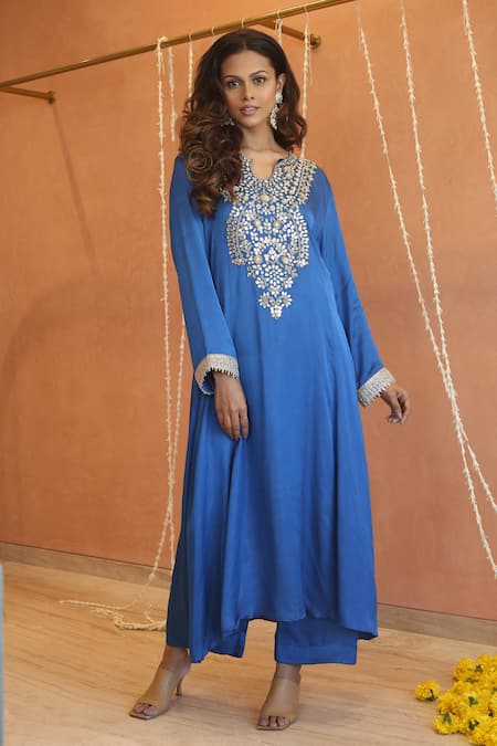 Buy_Izzumi Mehta_Blue Modal, Silk Zari, Zardosi Embroidered Asymmetric A-line Kurta With Pant _Online_at_Aza_Fashions