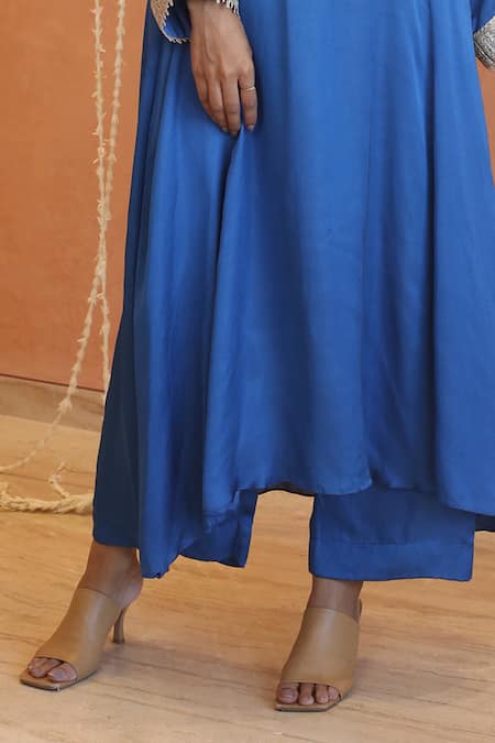Shop_Izzumi Mehta_Blue Modal, Silk Zari, Zardosi Embroidered Asymmetric A-line Kurta With Pant _Online_at_Aza_Fashions