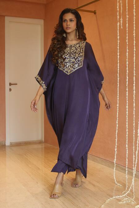 Izzumi Mehta_Purple Modal, Silk Gota Patti, Embroidery Round Neck Yoke Kaftan With Pant _Online_at_Aza_Fashions
