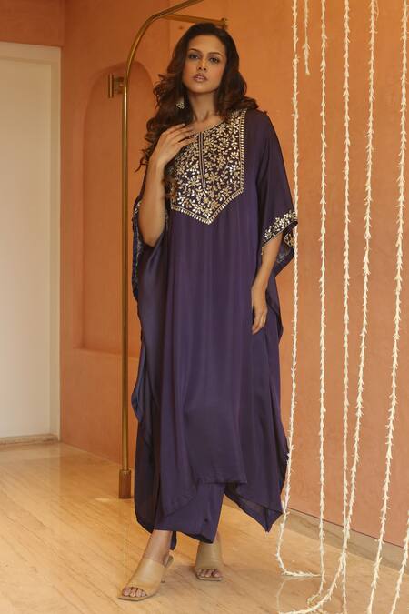 Shop_Izzumi Mehta_Purple Modal, Silk Gota Patti, Embroidery Round Neck Yoke Kaftan With Pant _Online_at_Aza_Fashions
