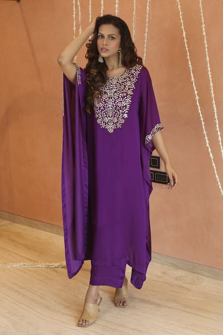 Izzumi Mehta Purple Modal Silk Embroidery Gota Round Floral Yoke Kaftan With Pant 