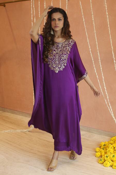 Shop_Izzumi Mehta_Purple Modal, Silk Gota Patti, Beads Floral Embroidered Yoke Kaftan With Pant _Online_at_Aza_Fashions