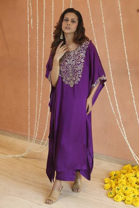 Izzumi Mehta_Purple Modal, Silk Gota Patti, Beads Floral Embroidered Yoke Kaftan With Pant _at_Aza_Fashions