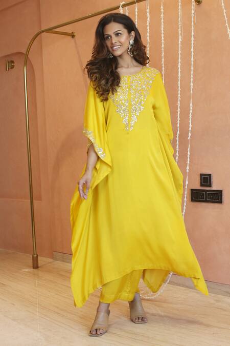 Izzumi Mehta_Yellow Modal, Silk Gota Patti, Embroidery Floral Asymmetric Kaftan With Pant _Online_at_Aza_Fashions