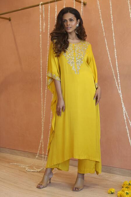 Shop_Izzumi Mehta_Yellow Modal, Silk Gota Patti, Embroidery Floral Asymmetric Kaftan With Pant _Online_at_Aza_Fashions