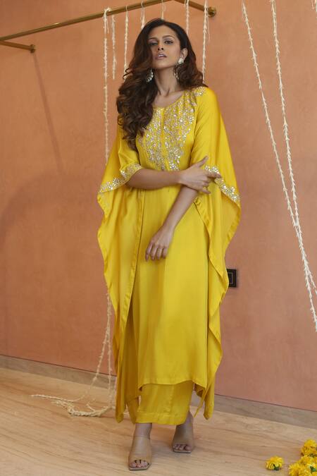 Izzumi Mehta_Yellow Modal, Silk Gota Patti, Embroidery Floral Asymmetric Kaftan With Pant _at_Aza_Fashions