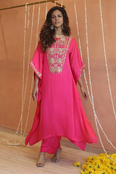 Izzumi Mehta Pink Modal Silk Embroidery Gota Round Asymmetric Kaftan With Pant 