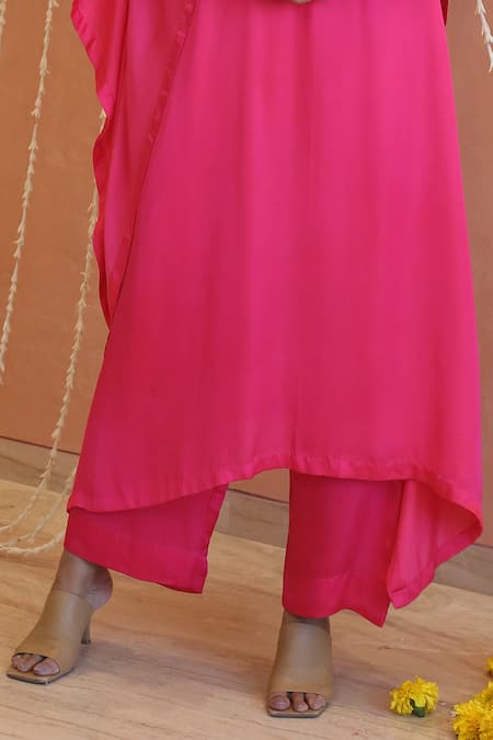 Buy_Izzumi Mehta_Pink Modal, Silk Gota Patti, Embroidery Round Neck Asymmetric Kaftan With Pant _Online_at_Aza_Fashions