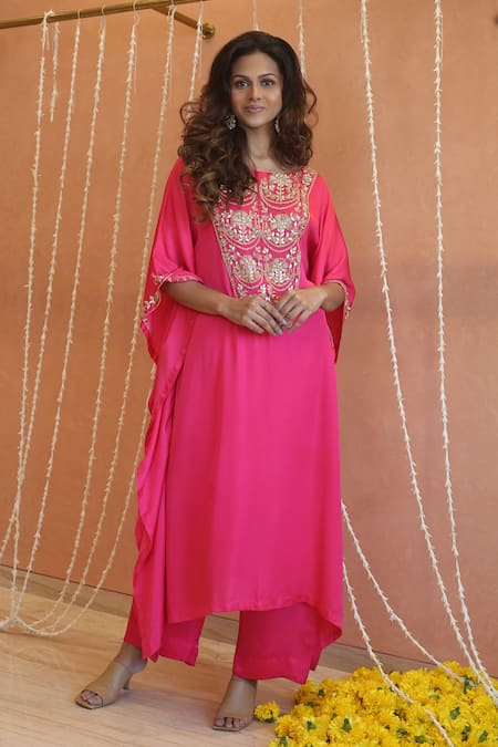 Izzumi Mehta_Pink Modal, Silk Gota Patti, Embroidery Round Neck Asymmetric Kaftan With Pant _at_Aza_Fashions