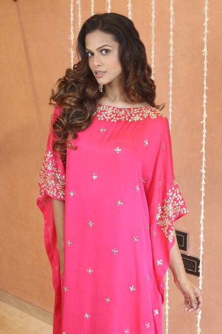 Buy_Izzumi Mehta_Pink Modal, Silk Gota Patti, Sequins, Yoke Asymmetric Kaftan With Pant _Online_at_Aza_Fashions
