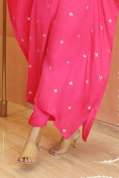 Izzumi Mehta_Pink Modal, Silk Gota Patti, Sequins, Yoke Asymmetric Kaftan With Pant _at_Aza_Fashions