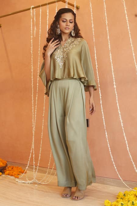 Izzumi Mehta Floral Gota Embroidered Flared Cape With Pant 