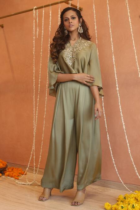 Shop_Izzumi Mehta_Green Modal, Silk Floral Gota Embroidered Flared Cape With Pant _Online_at_Aza_Fashions