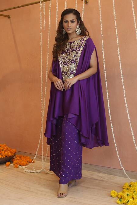 Izzumi Mehta_Purple Georgette Gota Patti, Zari, Zardosi Asymmetric Cape With Flared Pant _Online_at_Aza_Fashions