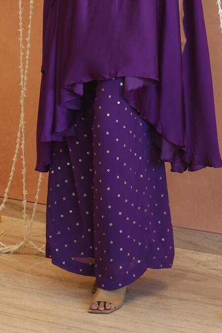 Buy_Izzumi Mehta_Purple Georgette Gota Patti, Zari, Zardosi Asymmetric Cape With Flared Pant _Online_at_Aza_Fashions