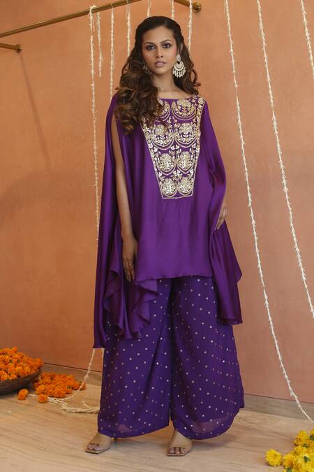Shop_Izzumi Mehta_Purple Georgette Gota Patti, Zari, Zardosi Asymmetric Cape With Flared Pant _Online_at_Aza_Fashions