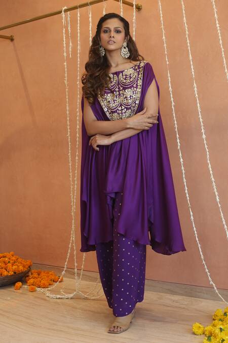 Izzumi Mehta_Purple Georgette Gota Patti, Zari, Zardosi Asymmetric Cape With Flared Pant _at_Aza_Fashions