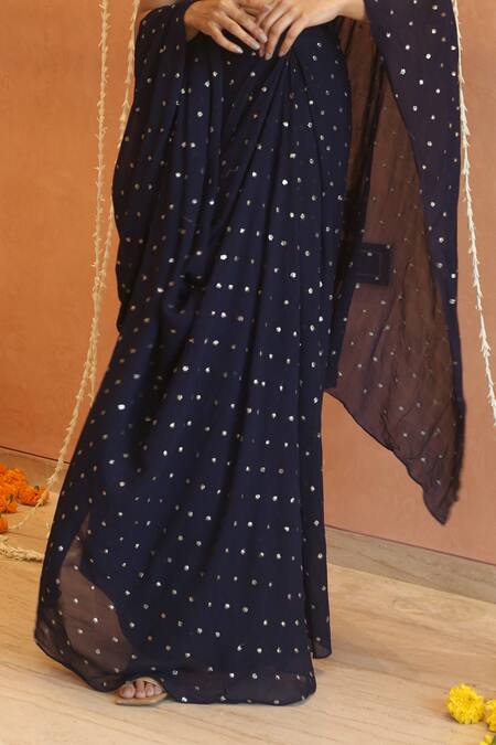 Buy_Izzumi Mehta_Blue Silk, Georgette Embroidery, Zari Zardosi Blouse With Pre-draped Saree _Online_at_Aza_Fashions