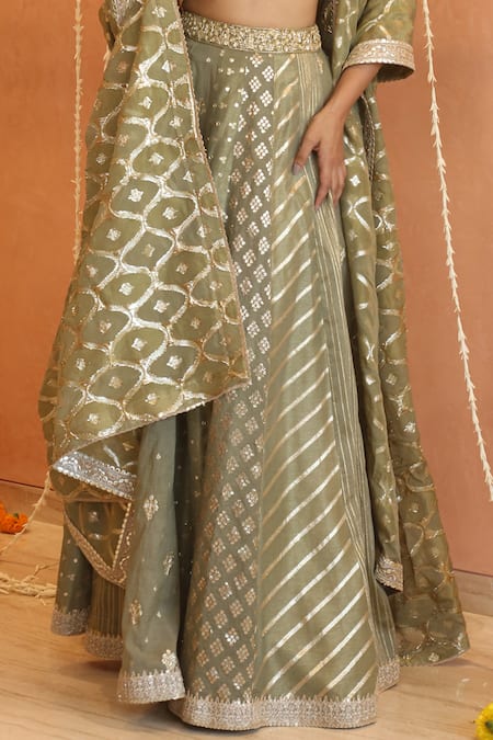 Shop_Izzumi Mehta_Green Chanderi Zari, Beads, Gota Patti, Embroidery, Lace Kalidar Lehenga Set _Online_at_Aza_Fashions