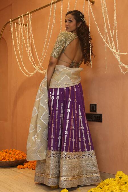 Izzumi Mehta Chanderi Floral Zardosi Embroidered Blouse & Lehenga Set 