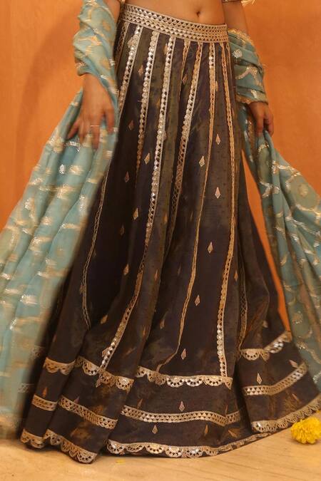 Izzumi Mehta_Blue Chanderi Sequins, Gota Patti, Lace, Cut Work Embroidered Lehenga Set _at_Aza_Fashions