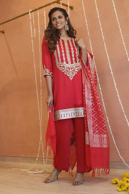 Shop_Izzumi Mehta_Red Modal, Chanderi, Silk Embroidery, Fringe, Gota Straight Kurta And Pant Set _at_Aza_Fashions
