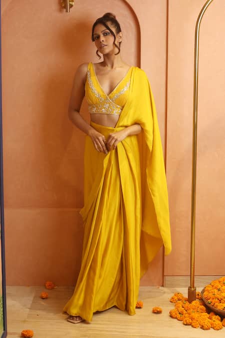 Izzumi Mehta Zardosi Embroidered Yoke Blouse With Pre-Draped Saree 