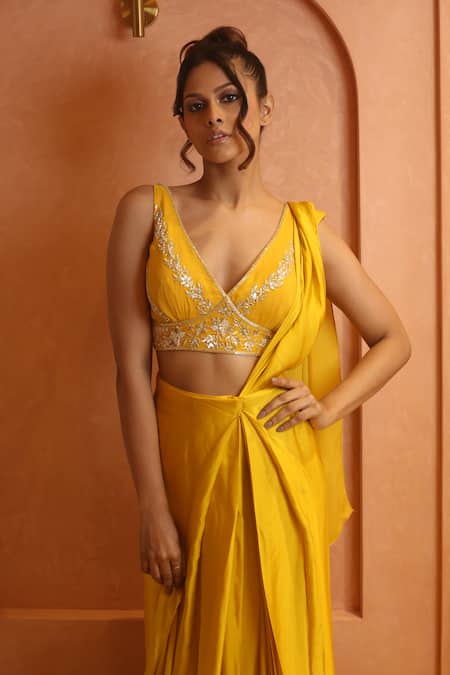 Izzumi Mehta_Yellow Organza, Modal Zardosi Embroidered Yoke Blouse With Pre-draped Saree _Online_at_Aza_Fashions