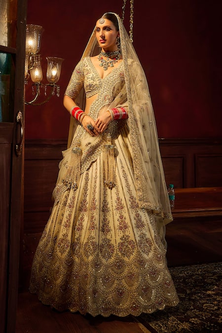 Kalighata_Ivory , Chanderi Aakruti Floral Scallop Embroidered Bridal Lehenga Set _Online_at_Aza_Fashions