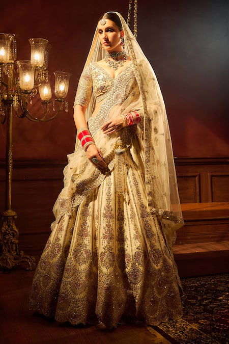 Shop_Kalighata_Ivory , Chanderi Aakruti Floral Scallop Embroidered Bridal Lehenga Set _Online_at_Aza_Fashions