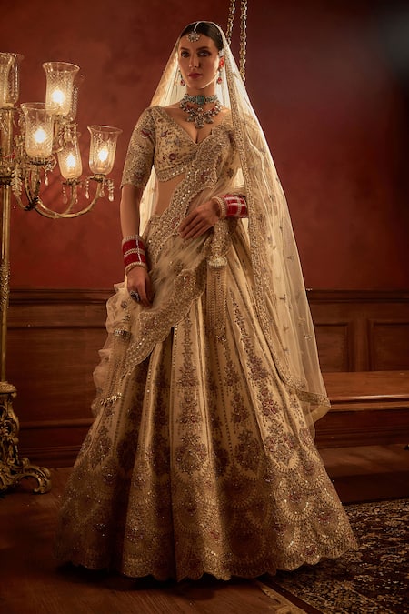 Kalighata_Ivory , Chanderi Aakruti Floral Scallop Embroidered Bridal Lehenga Set _at_Aza_Fashions