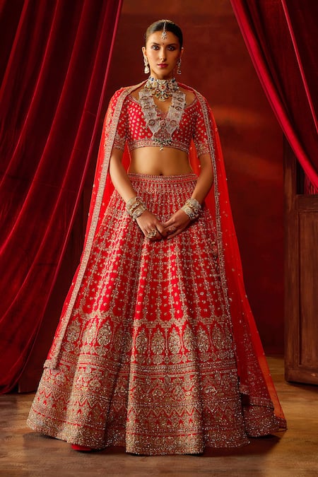 Shop Kalighata Red Silk Sequins, Beads, Zari Aradhya Floral Checkered Embroidered Lehenga Set at Aza Fashions Shop_Kalighata_Red Silk Sequins, Beads, Zari Aradhya Floral Checkered Embroidered Lehenga Set _at_Aza_Fashions
