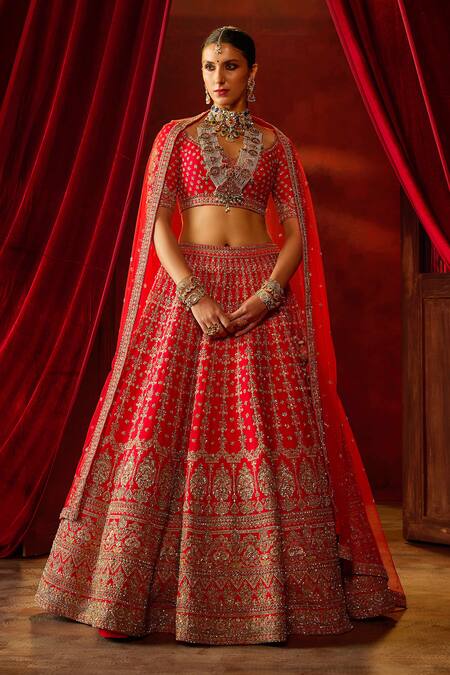 Kalighata Red Silk Sequins, Beads, Zari Aradhya Floral Checkered Embroidered Lehenga Set Online at Aza Fashions Kalighata_Red Silk Sequins, Beads, Zari Aradhya Floral Checkered Embroidered Lehenga Set _Online_at_Aza_Fashions