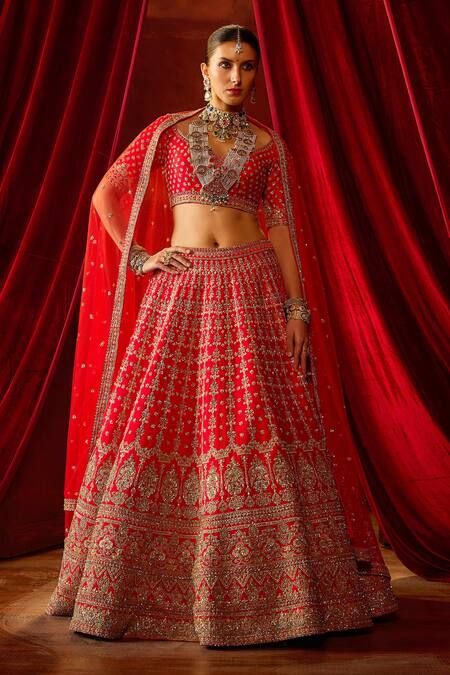 Buy Kalighata Red Silk Sequins, Beads, Zari Aradhya Floral Checkered Embroidered Lehenga Set Online at Aza Fashions Buy_Kalighata_Red Silk Sequins, Beads, Zari Aradhya Floral Checkered Embroidered Lehenga Set _Online_at_Aza_Fashions