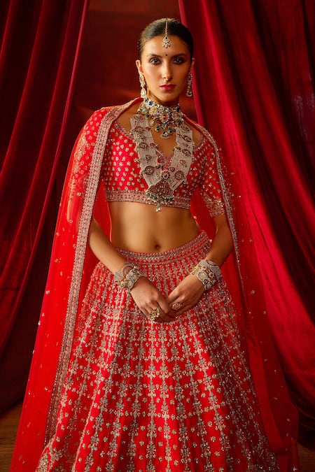 Shop Kalighata Red Silk Sequins, Beads, Zari Aradhya Floral Checkered Embroidered Lehenga Set Online at Aza Fashions Shop_Kalighata_Red Silk Sequins, Beads, Zari Aradhya Floral Checkered Embroidered Lehenga Set _Online_at_Aza_Fashions