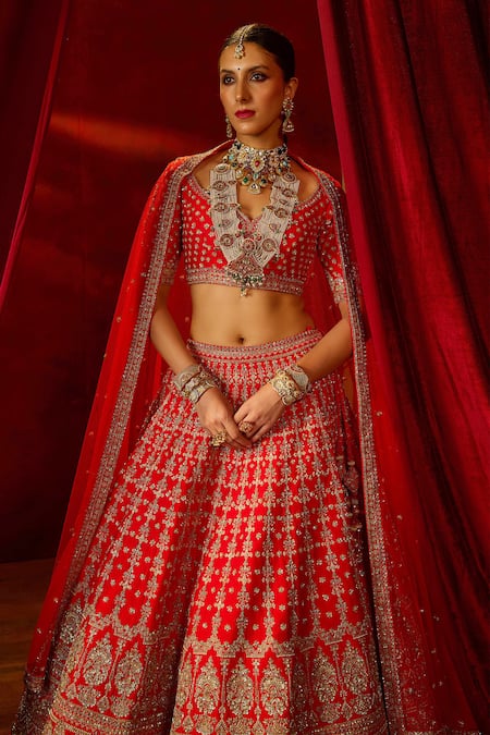 Kalighata Red Silk Sequins, Beads, Zari Aradhya Floral Checkered Embroidered Lehenga Set at Aza Fashions Kalighata_Red Silk Sequins, Beads, Zari Aradhya Floral Checkered Embroidered Lehenga Set _at_Aza_Fashions