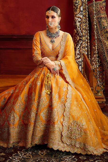 Buy_Kalighata_Orange Silk, Chiffon Konkona Floral Swirl Embroidered Bridal Lehenga Set _Online_at_Aza_Fashions