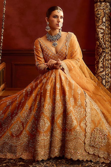 Kalighata_Orange Silk, Chiffon Konkona Floral Swirl Embroidered Bridal Lehenga Set _at_Aza_Fashions