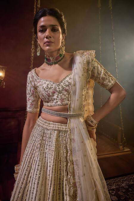 Kalighata_Ivory Silk, Chiffon Sequins, Shehnai Embellished Floral Bridal Lehenga Set _Online_at_Aza_Fashions