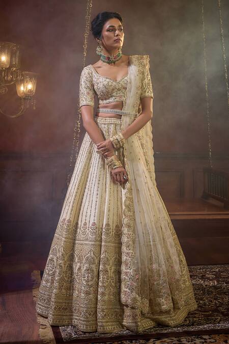 Buy_Kalighata_Ivory Silk, Chiffon Sequins, Shehnai Embellished Floral Bridal Lehenga Set _Online_at_Aza_Fashions
