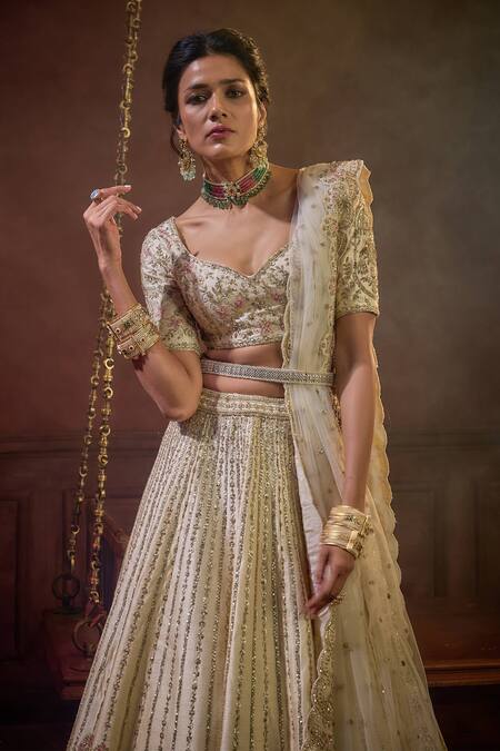 Shop_Kalighata_Ivory Silk, Chiffon Sequins, Shehnai Embellished Floral Bridal Lehenga Set _Online_at_Aza_Fashions
