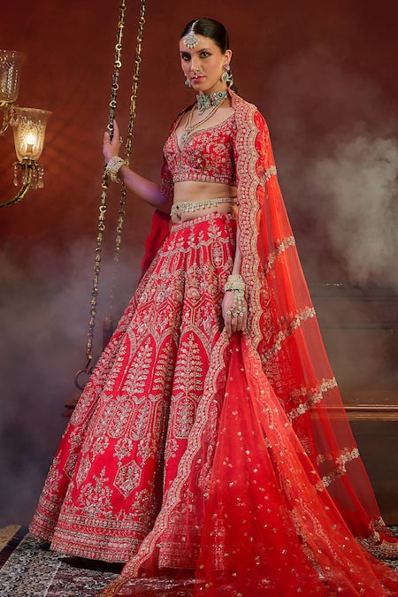 Shop Kalighata Red Silk Sequins, Beads, Zari Wave Blossom Vine Embroidered Bridal Lehenga Set at Aza Fashions Shop_Kalighata_Red Silk Sequins, Beads, Zari Wave Blossom Vine Embroidered Bridal Lehenga Set _at_Aza_Fashions