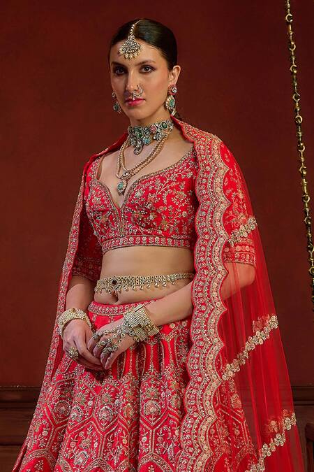 Kalighata Red Silk Sequins, Beads, Zari Wave Blossom Vine Embroidered Bridal Lehenga Set Online at Aza Fashions Kalighata_Red Silk Sequins, Beads, Zari Wave Blossom Vine Embroidered Bridal Lehenga Set _Online_at_Aza_Fashions