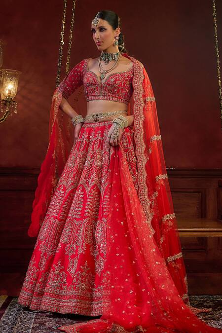Buy Kalighata Red Silk Sequins, Beads, Zari Wave Blossom Vine Embroidered Bridal Lehenga Set Online at Aza Fashions Buy_Kalighata_Red Silk Sequins, Beads, Zari Wave Blossom Vine Embroidered Bridal Lehenga Set _Online_at_Aza_Fashions