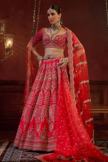 Shop Kalighata Red Silk Sequins, Beads, Zari Wave Blossom Vine Embroidered Bridal Lehenga Set Online at Aza Fashions Shop_Kalighata_Red Silk Sequins, Beads, Zari Wave Blossom Vine Embroidered Bridal Lehenga Set _Online_at_Aza_Fashions