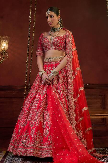 Kalighata Red Silk Sequins, Beads, Zari Wave Blossom Vine Embroidered Bridal Lehenga Set at Aza Fashions Kalighata_Red Silk Sequins, Beads, Zari Wave Blossom Vine Embroidered Bridal Lehenga Set _at_Aza_Fashions