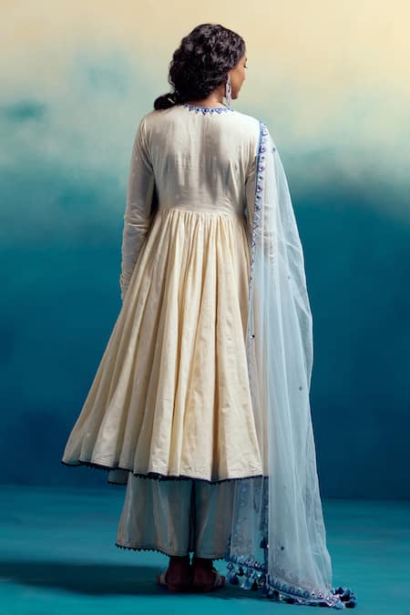 Shop Karishma Khanduja Bareilly Cream Net Mirrors, Embroidery V-neck Neckline Anarkali Pant Set at Aza Fashions Shop_Karishma Khanduja Bareilly_Cream Net Mirrors, Embroidery V-neck Neckline Anarkali Pant Set _at_Aza_Fashions