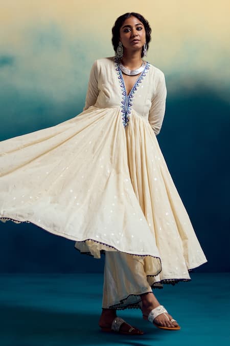 Karishma Khanduja Bareilly Cream Net Mirrors, Embroidery V-neck Neckline Anarkali Pant Set Online at Aza Fashions Karishma Khanduja Bareilly_Cream Net Mirrors, Embroidery V-neck Neckline Anarkali Pant Set _Online_at_Aza_Fashions